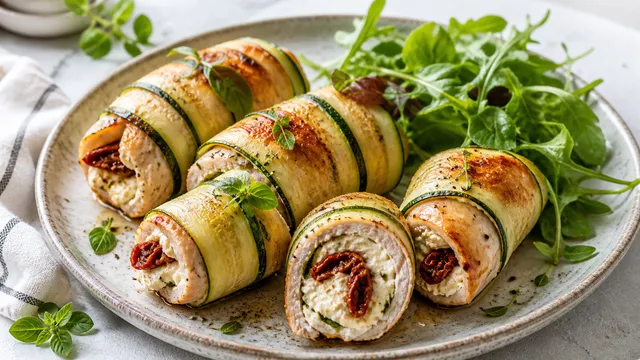 Keto Puten-Zucchini-Röllchen mit Frischkäse-Fuellung und sonnengetrockneten Tomaten auf einem Teller mit Salatbeilage