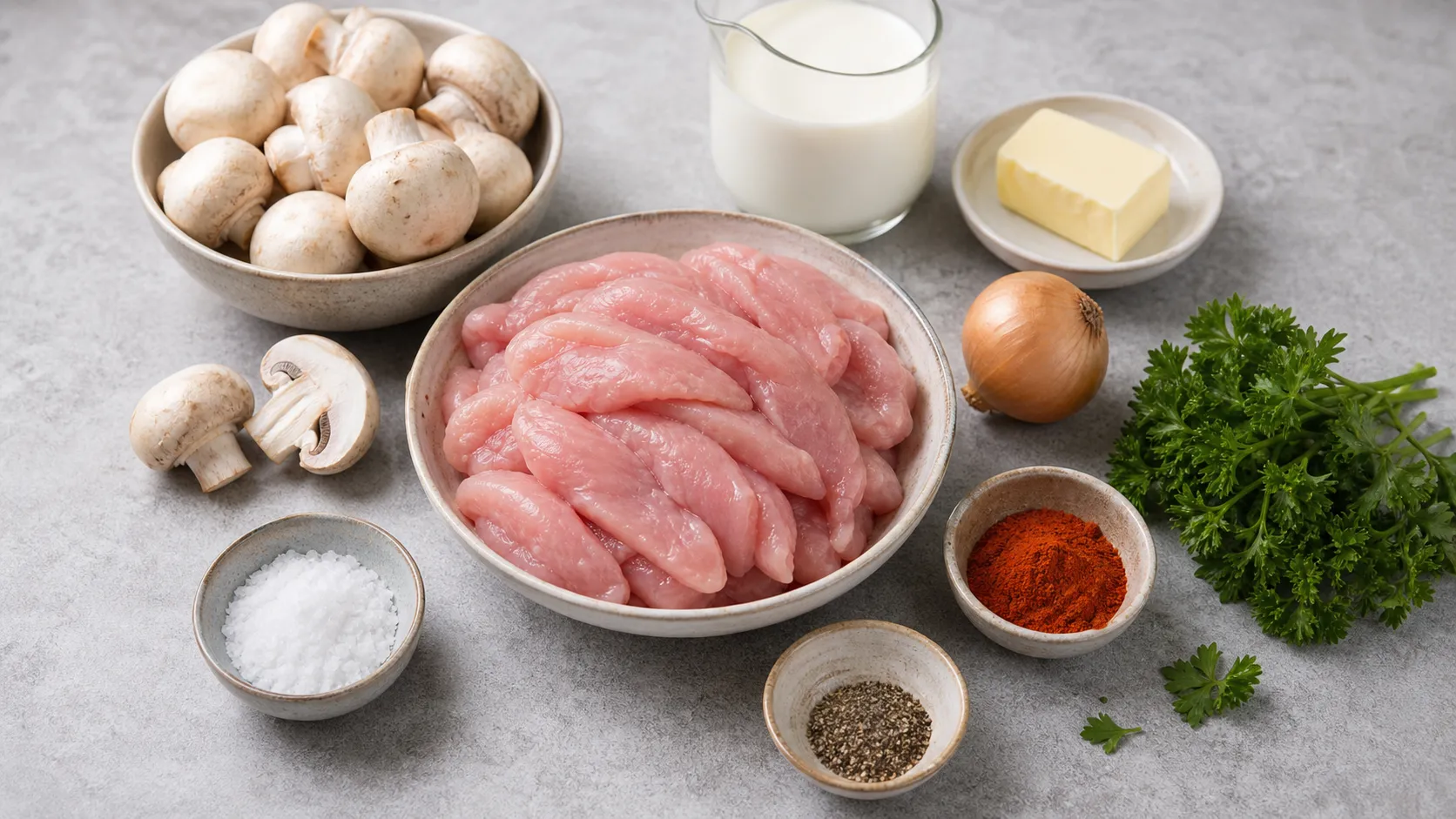 Zutaten für Keto Putengeschnetzeltes: Putenbruststreifen, Champignons, Sahne, Butter, Zwiebel und Petersilie