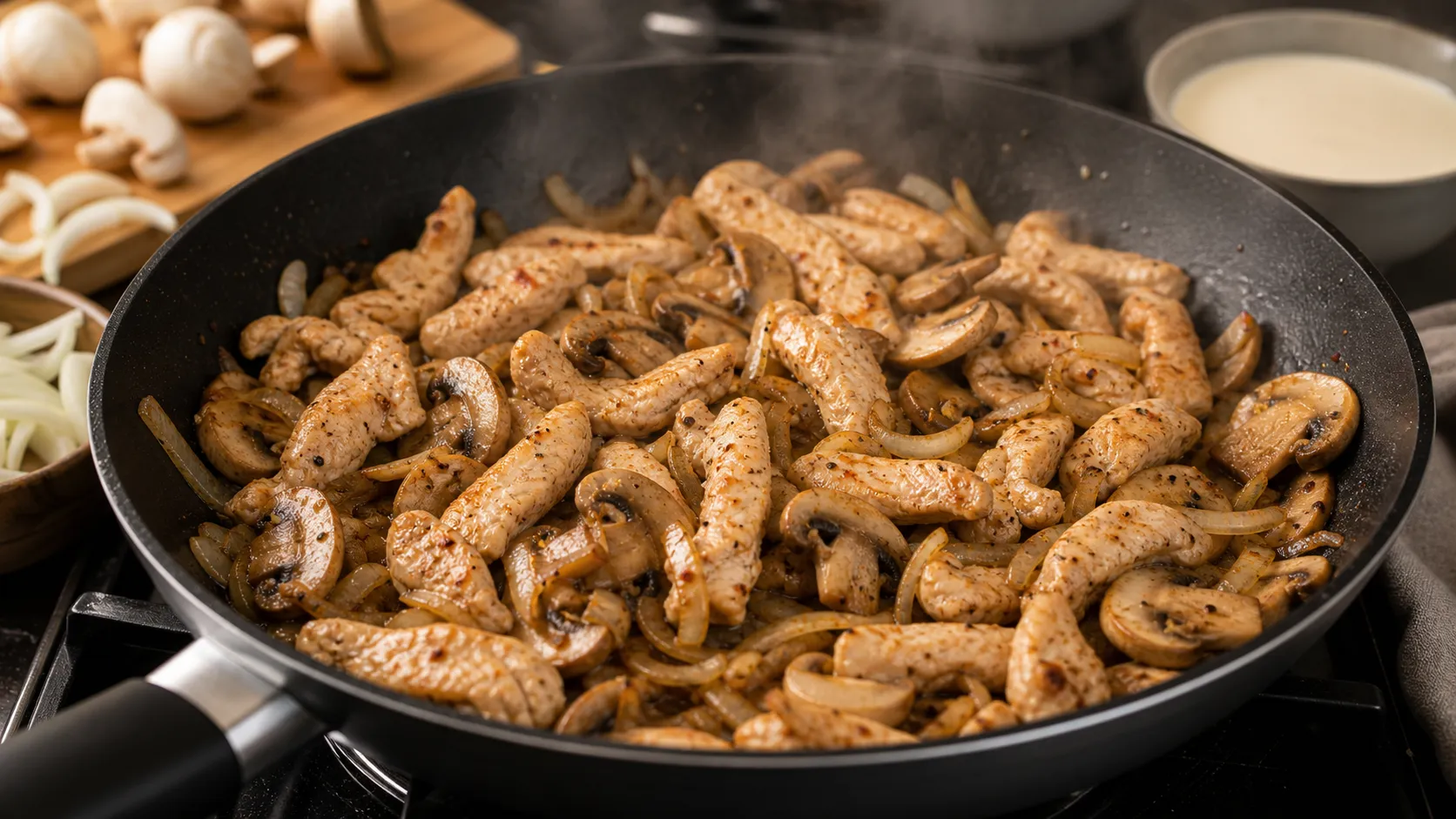 Putenstreifen werden in der Pfanne scharf angebraten für das Keto-Geschnetzeltes