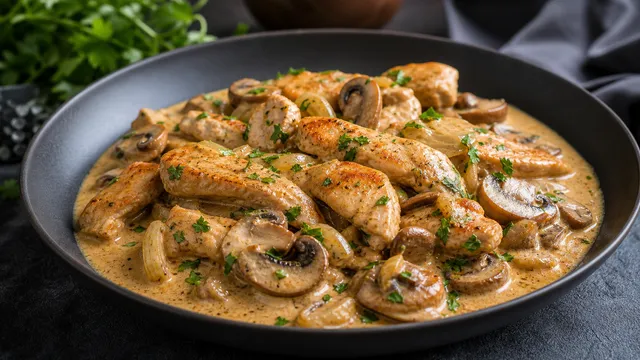 Keto Putengeschnetzeltes in cremiger Champignon-Rahmsauce auf einem tiefen Teller, garniert mit frischer Petersilie