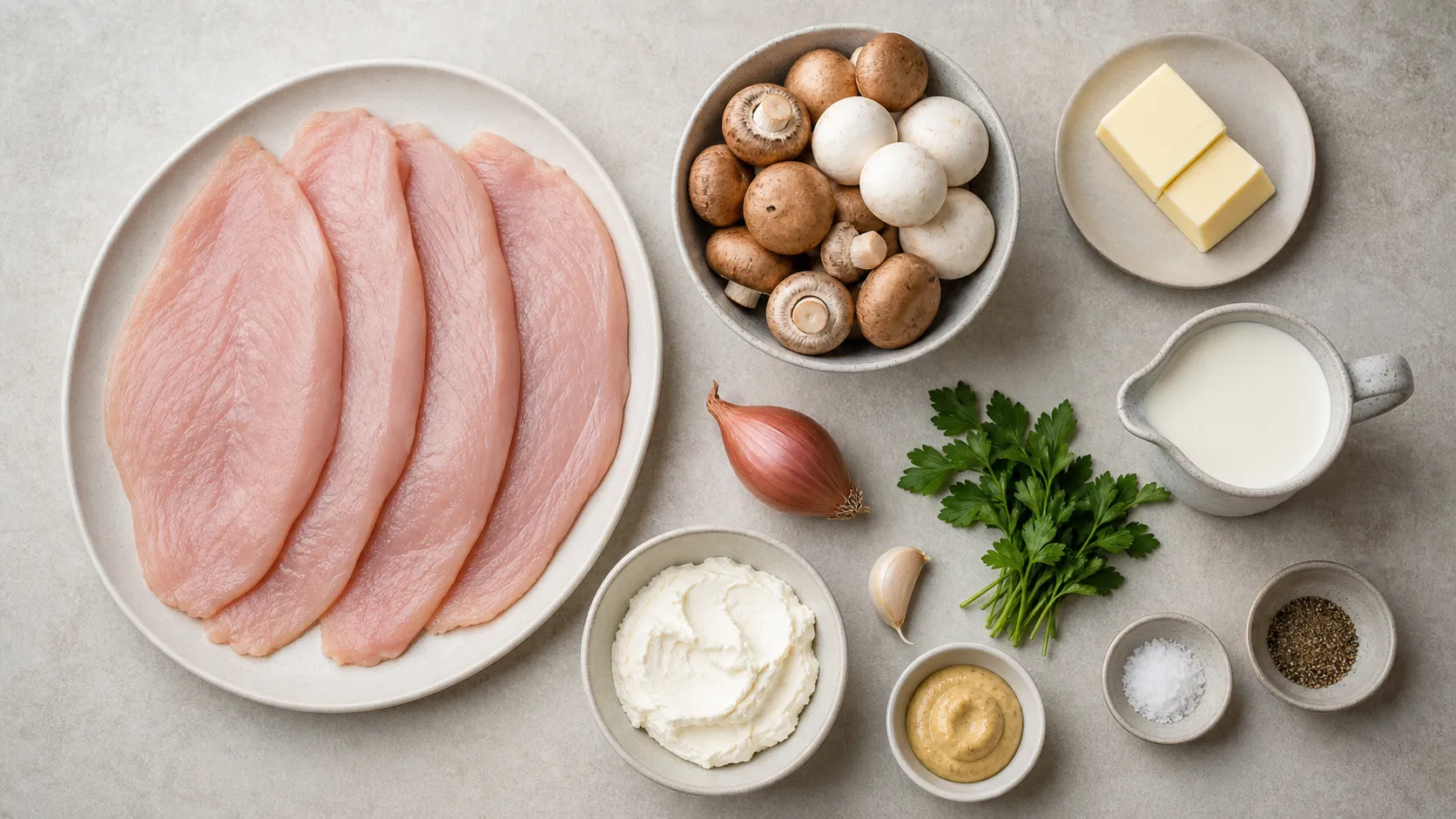 Zutaten für Keto-Putenroulade: Putenschnitzel, Champignons, Frischkäse, Sahne und Petersilie