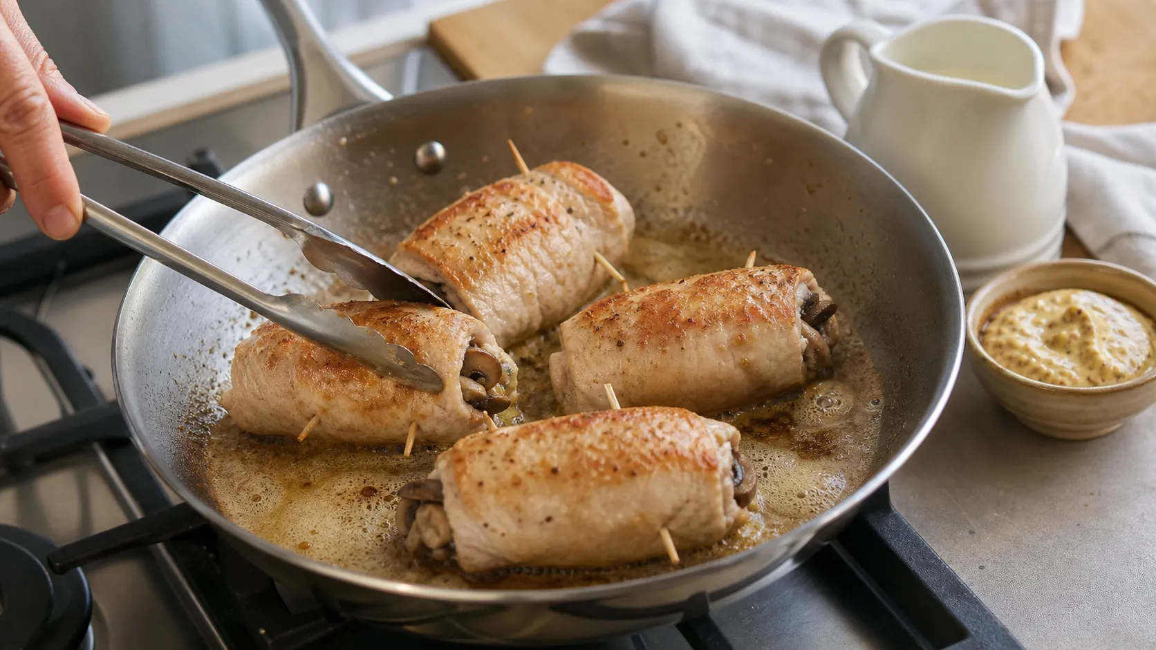 Mit Champignons gefüllte und aufgerollte Putenschnitzel braten in der Pfanne an