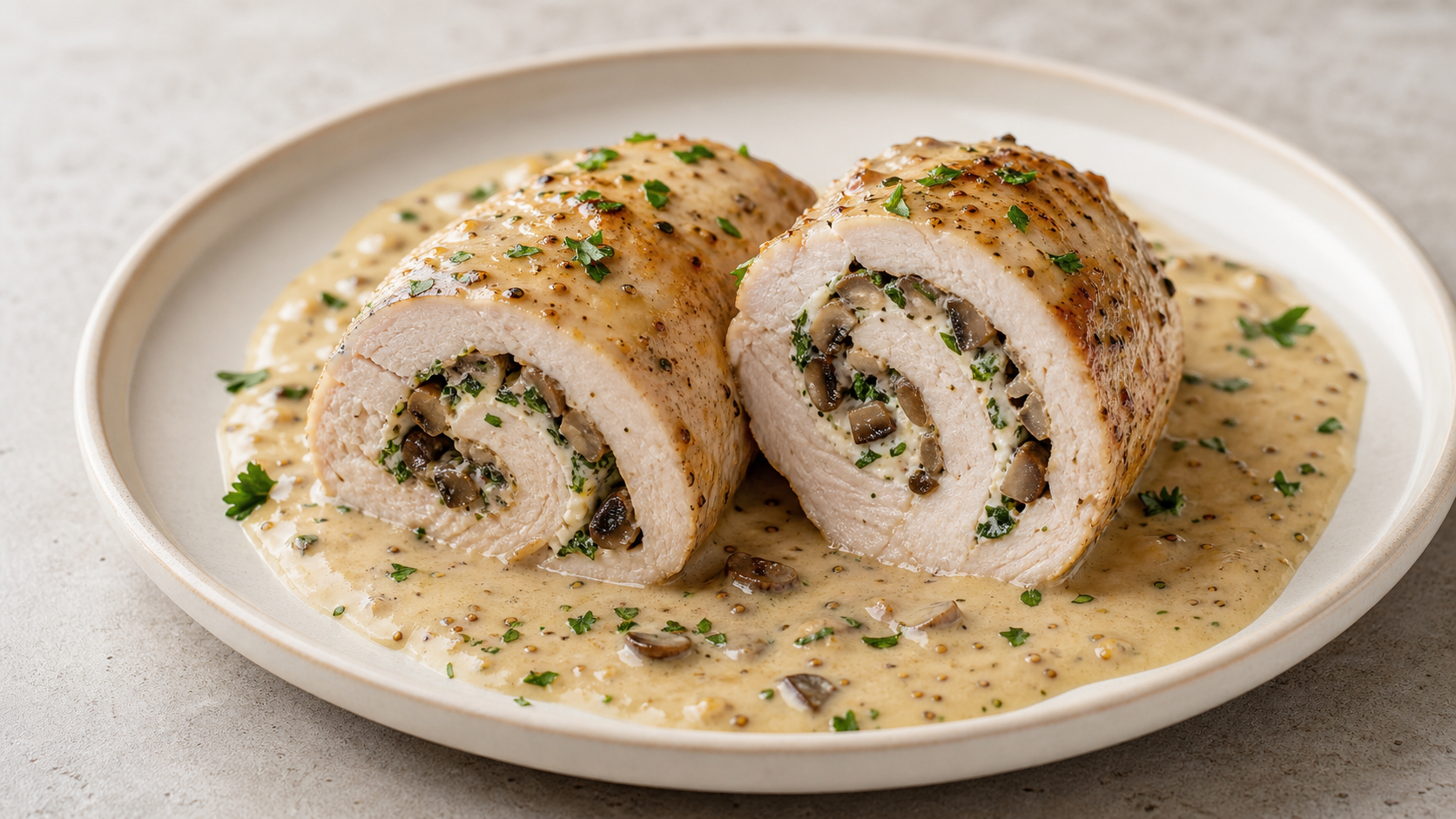 Aufgeschnittene Keto-Putenroulade mit Champignonfüllung und cremiger Rahmsauce auf einem Teller