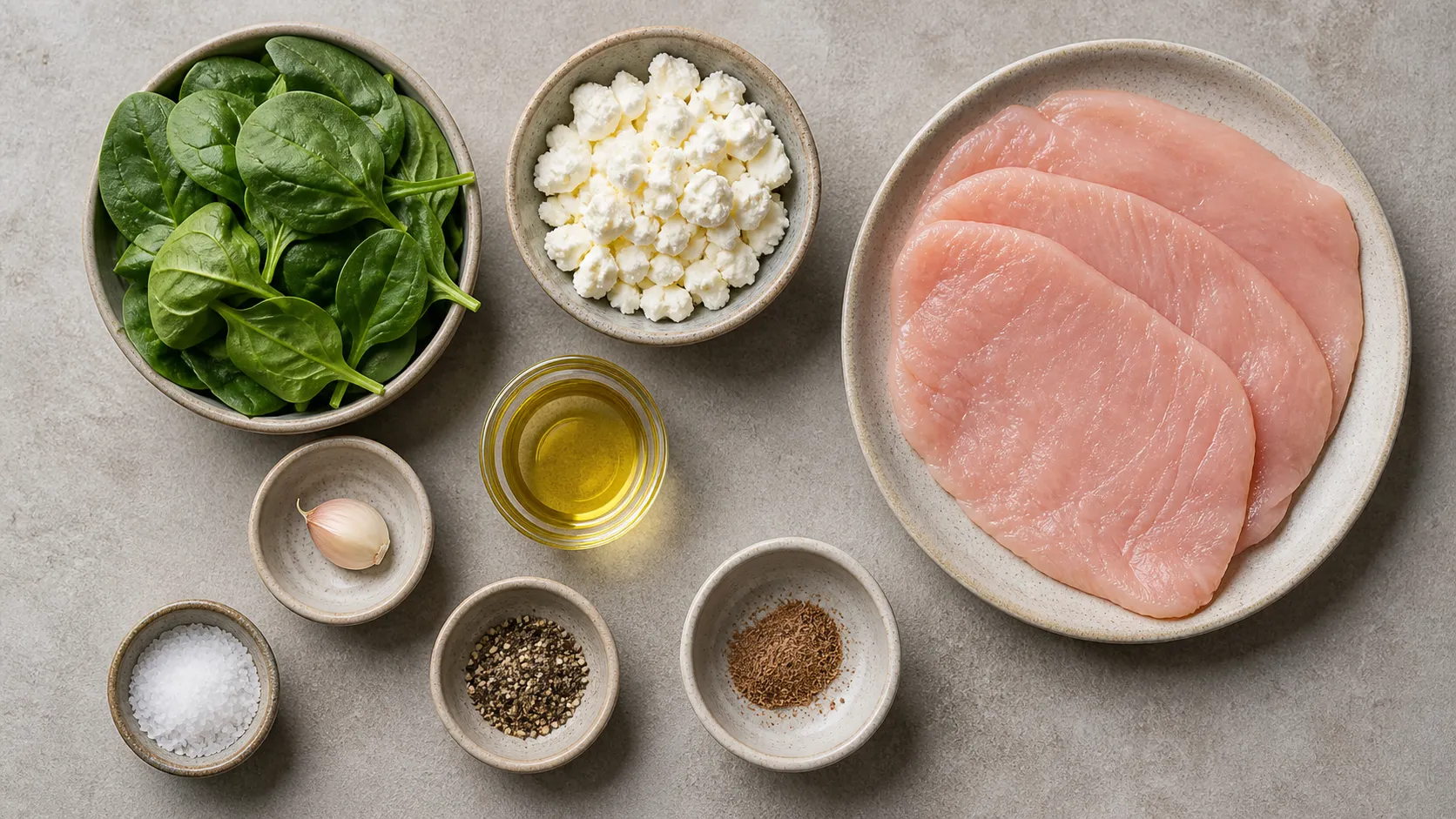 Zutaten für Keto Putenrouladen: Putenschnitzel, Blattspinat, Feta, Olivenöl, Knoblauch, Muskat, Salz und Pfeffer