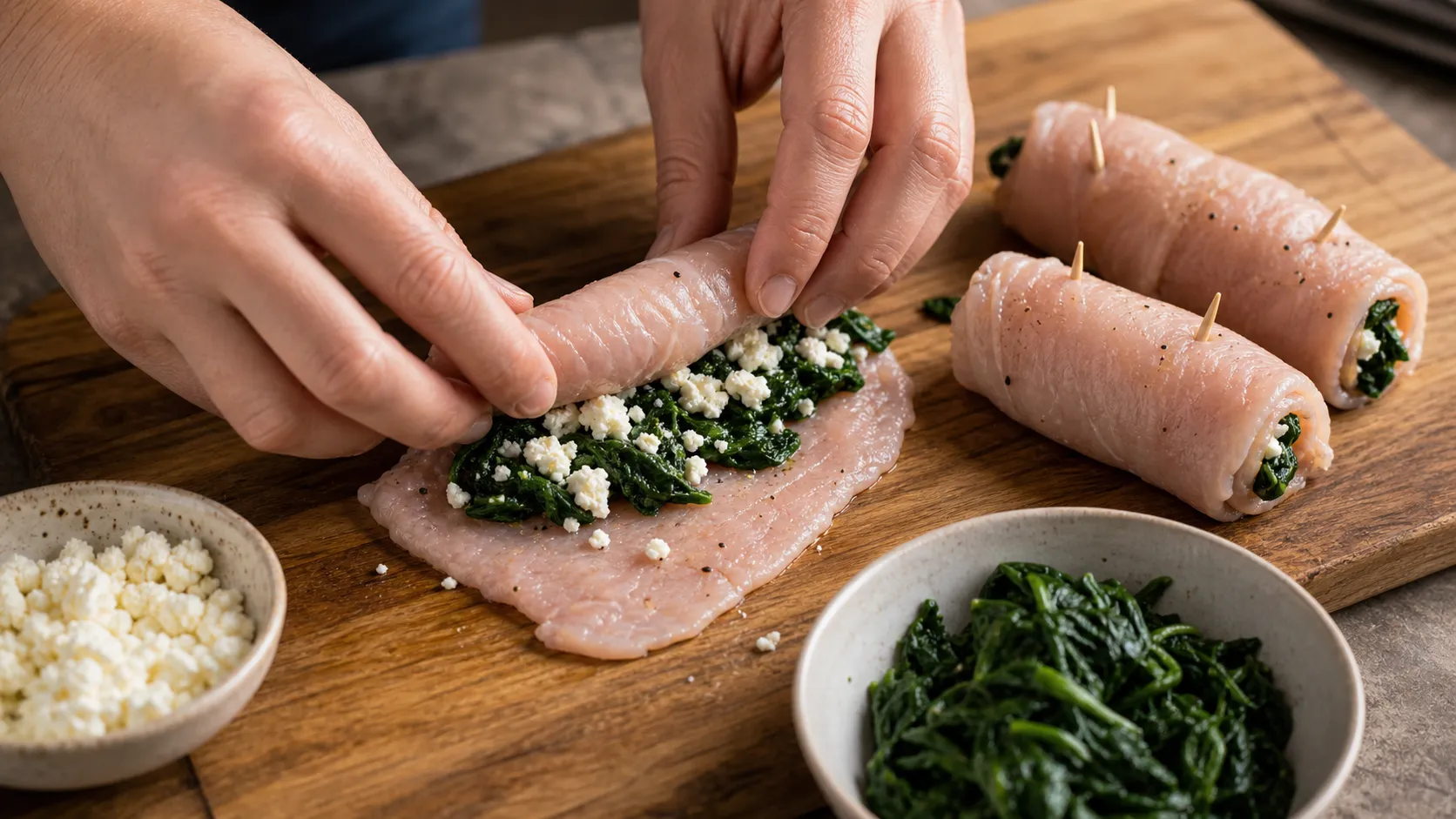 Putenschnitzel wird mit Spinat und Feta gefüllt, aufgerollt und mit Holzspießen fixiert