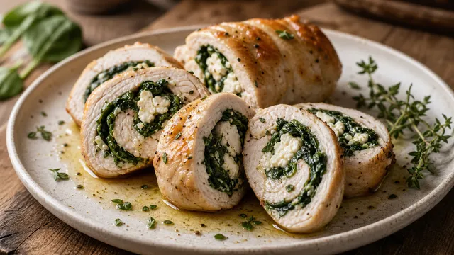 Keto Putenrouladen mit Spinat-Feta-Füllung in Scheiben aufgeschnitten