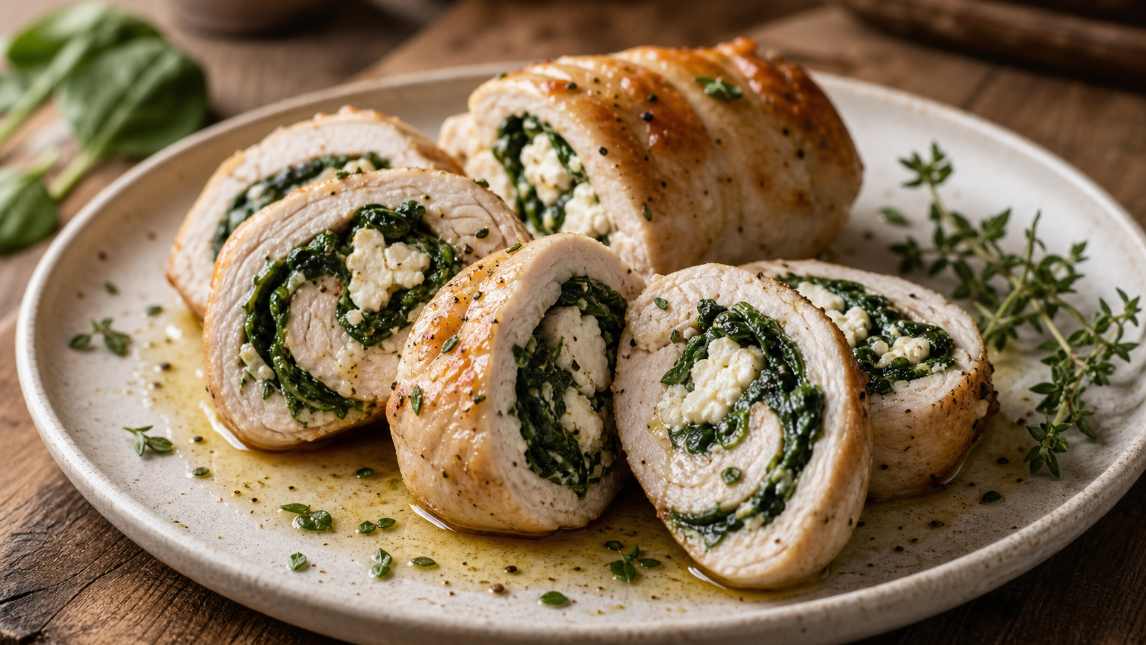 Keto Putenrouladen mit Spinat-Feta-Füllung in Scheiben aufgeschnitten