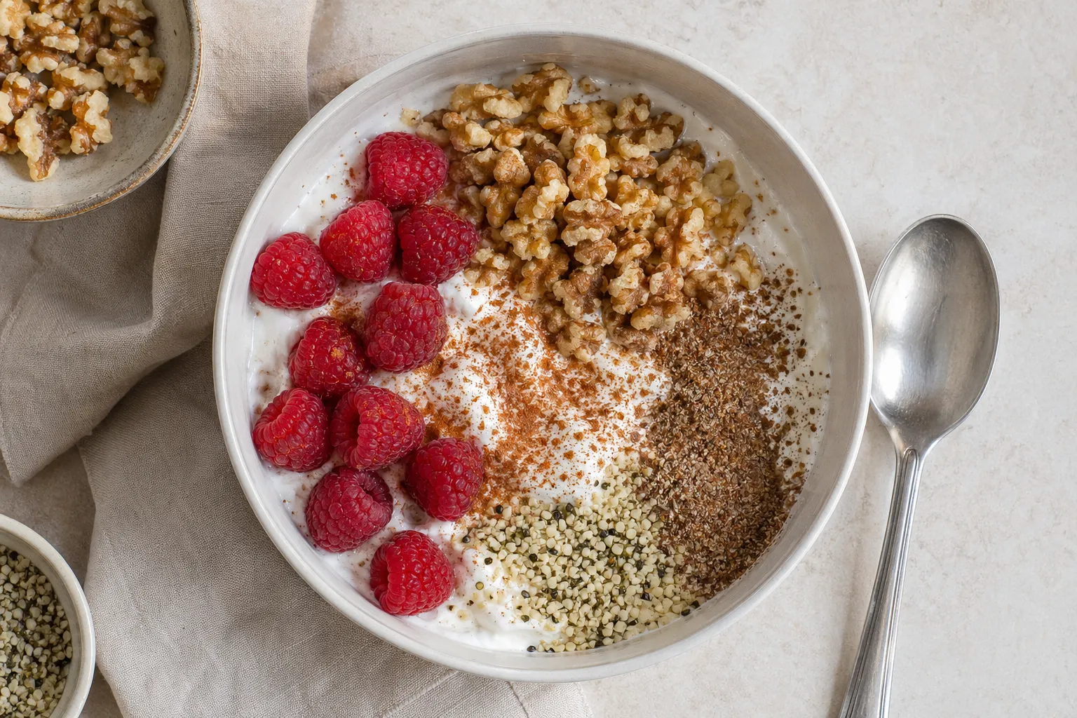 Draufsicht auf die fertige Keto-Quark-Bowl mit Beeren, Nüssen und Zimtstaub