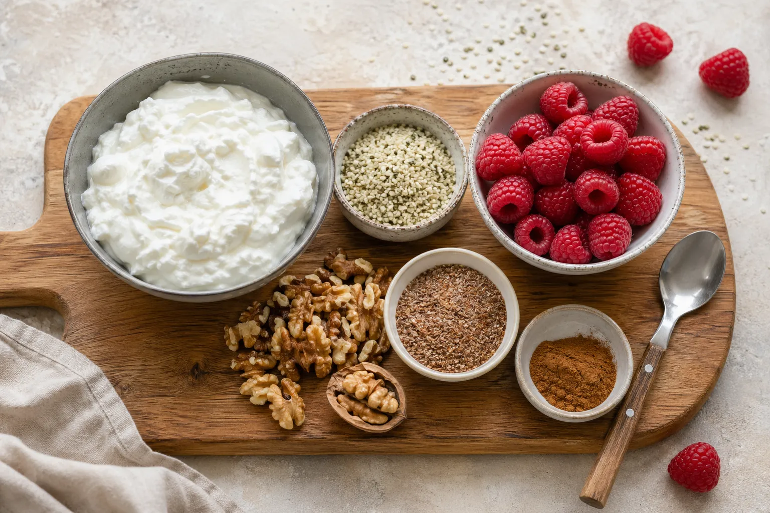 Zutaten für die Keto-Quark-Bowl: Magerquark, Hanfsamen, Walnüsse und Himbeeren auf einem Brett