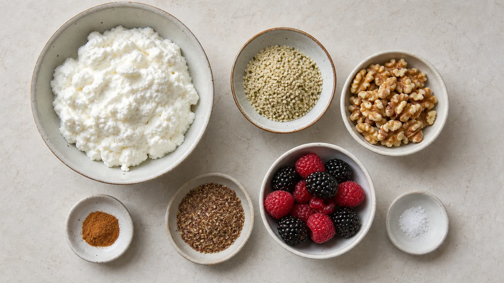 Zutaten für Keto-Quark-Nuss-Bowl: proteinreiches Frühstück ohne Kochen: 300 g Magerquark, 30 g Hanfsamen (geschält), 30 g Walnüsse (grob gehackt), 10 g Leinsamen (geschrotet, 1 EL), 50 g Himbeeren oder Brombeeren, ½ TL Zimt, 1 Prise Salz