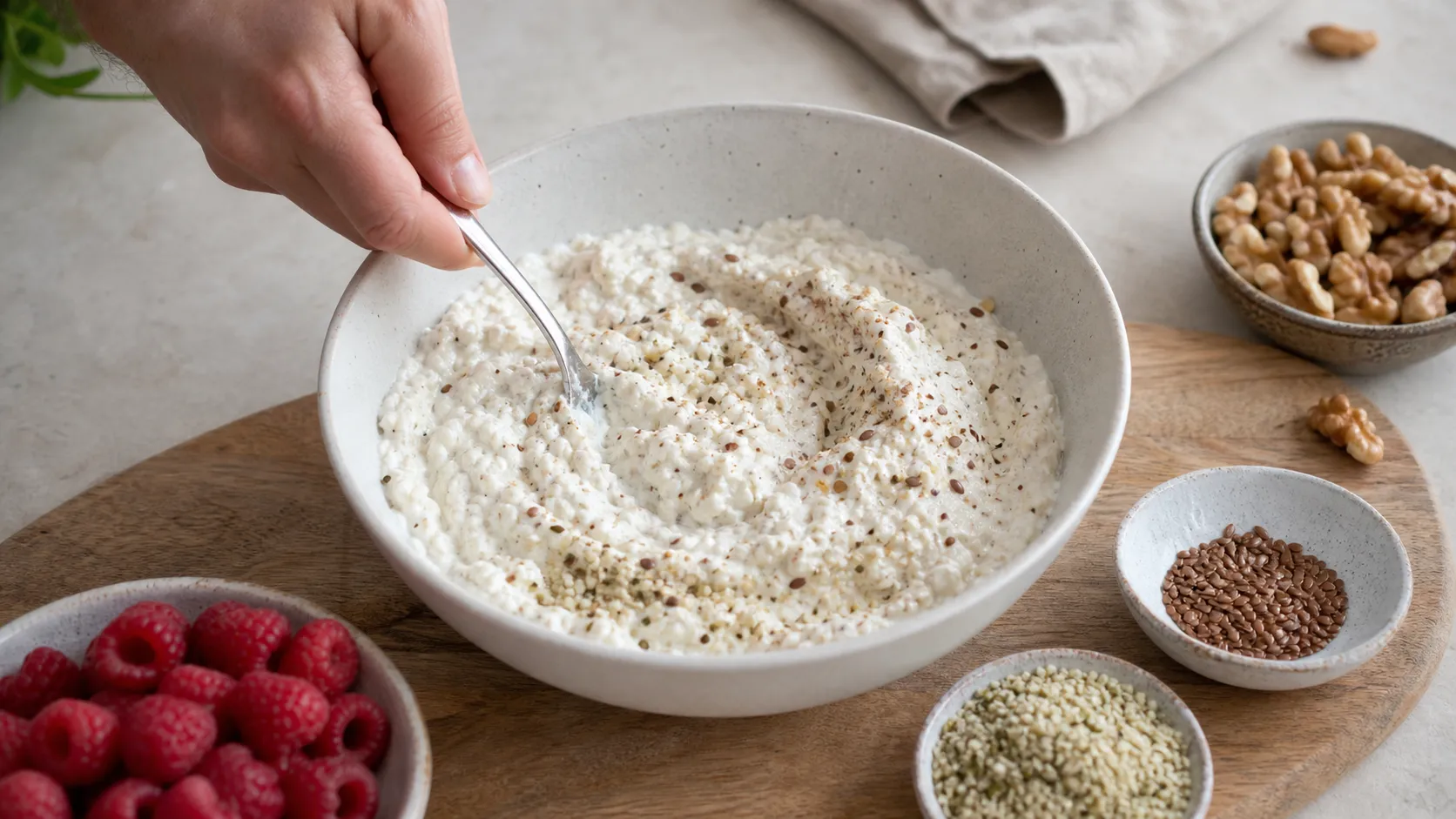 Zubereitung von Keto-Quark-Nuss-Bowl: proteinreiches Frühstück ohne Kochen: Hanfsamen (30 g) und Leinsamen (10 g) unterheben.