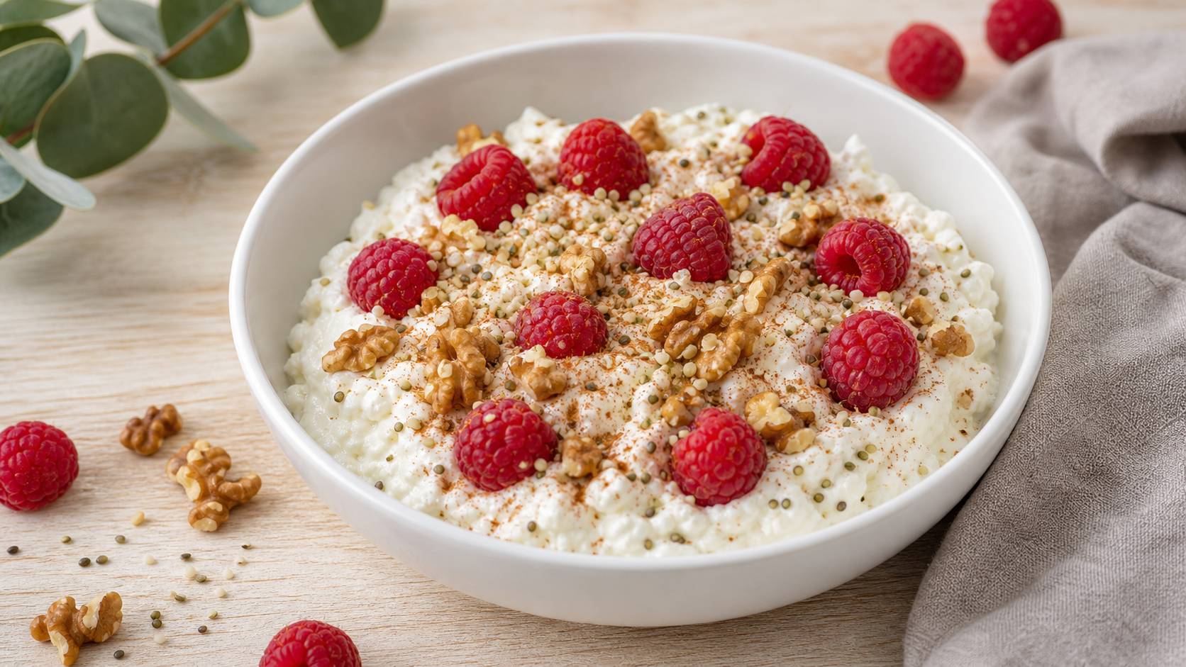 Keto-Quark-Nuss-Bowl mit Hanfsamen, Walnüssen, Himbeeren und Zimt in einer weißen Schüssel