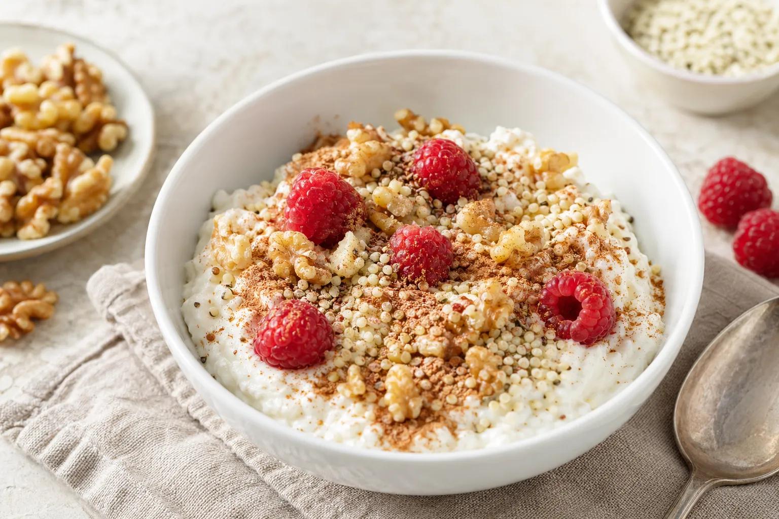 Keto-Quark-Nuss-Bowl mit Hanfsamen, Walnüssen, Himbeeren und Zimt in einer weißen Schüssel