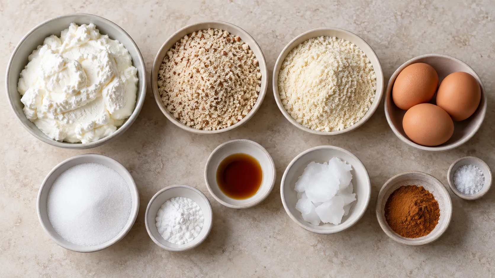 Zutaten für Keto-Quarkbällchen: Magerquark, gemahlene Mandeln, entöltes Mandelmehl, Eier, Erythrit, Backpulver, eine Zitrone und Zimt