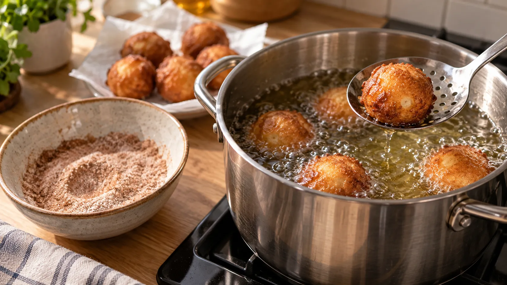 Runde Teigbällchen schwimmen goldbraun in heißem Öl in einem Topf, ein Küchenthermometer zeigt 170 Grad
