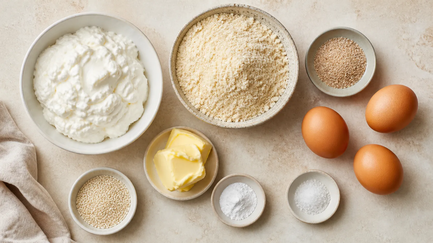 Zutaten für Keto-Quarkbrötchen: Magerquark, Mandelmehl, Flohsamenschalen, Eier, Butter und Sesam