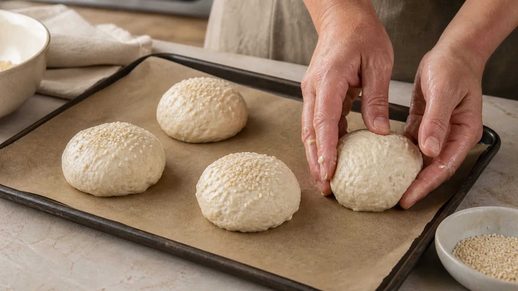 Vier geformte Teiglinge mit Sesam bestreut auf einem Backblech vor dem Backen