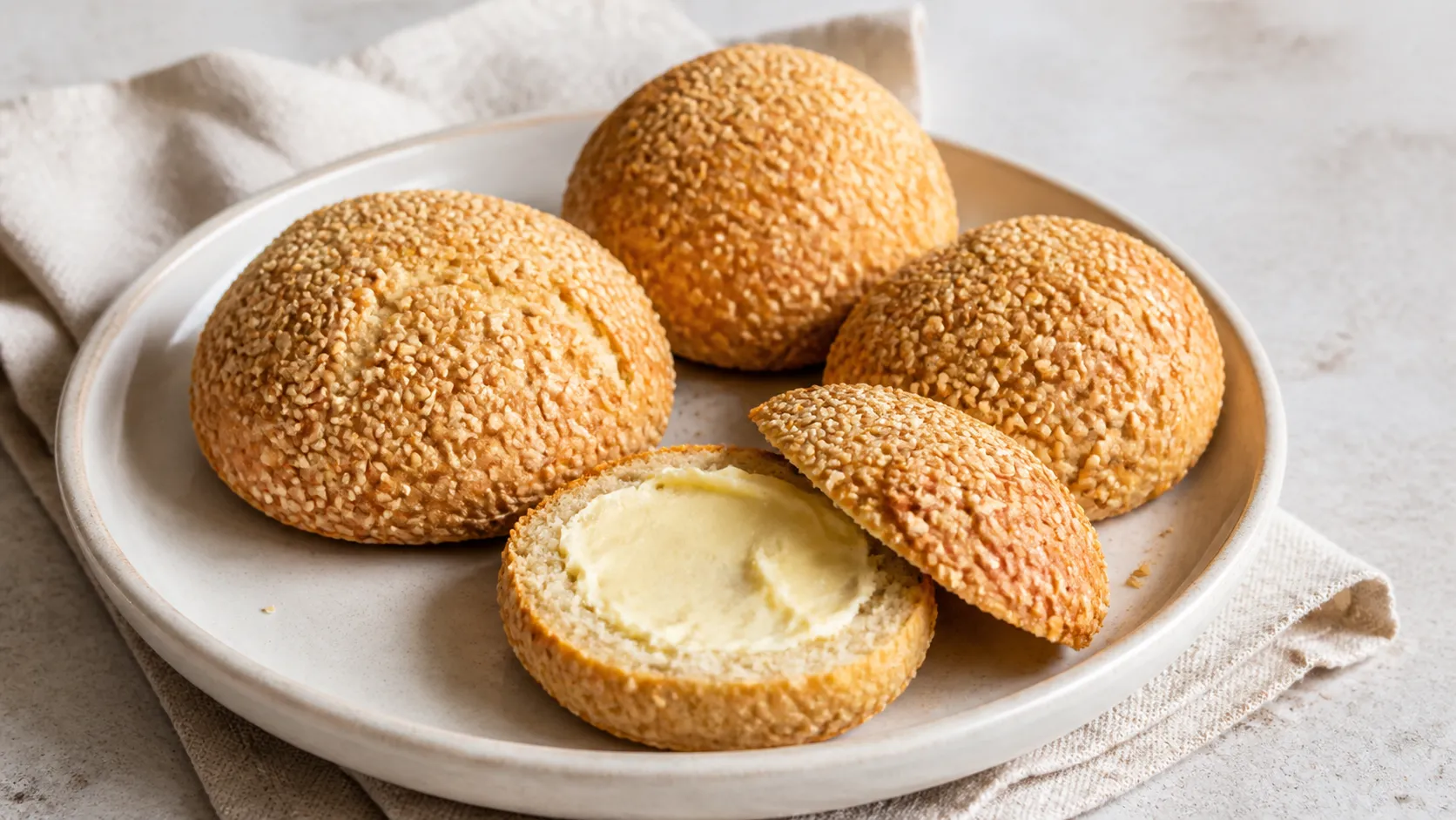Vier goldbraune Keto-Quarkbrötchen mit Sesamkruste, eines aufgeschnitten und mit Butter bestrichen