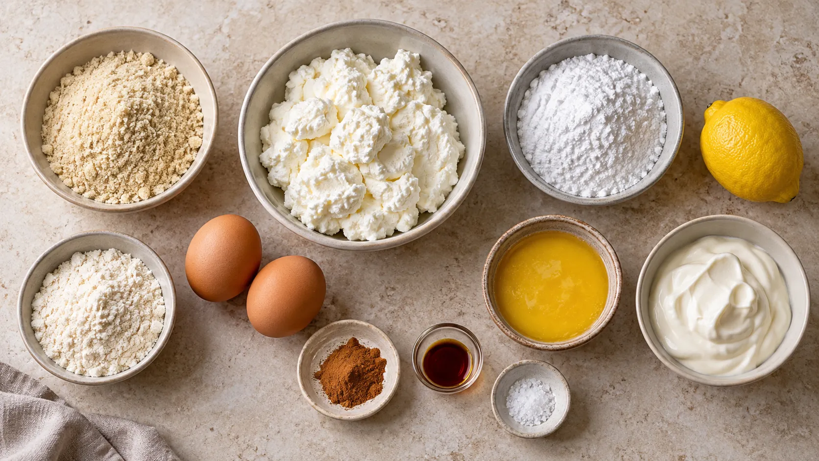 Zutaten für Keto-Quarkkeulchen: Speisequark, Eier, Mandelmehl, Kokosmehl, Erythrit, Zimt und Sauerrahm