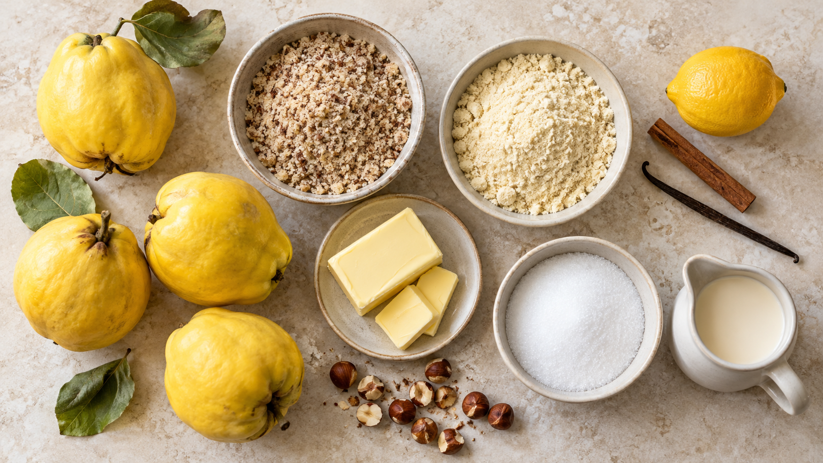 Zutaten für Keto Quitten-Crumble: zwei gelbe, flaumige Quitten, gemahlene Haselnüsse, Mandelmehl, Butter, Erythrit, Zimtstange, Vanilleschote, Zitrone und Sahne auf einem hellen Küchentisch