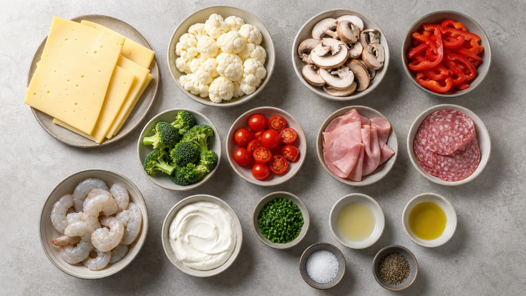 Zutaten für Keto-Raclette: Raclettekäse-Scheiben, vorgegarter Blumenkohl, Champignons, Paprika, Brokkoli, Cherry-Tomaten, Schinken, Salami und Garnelen