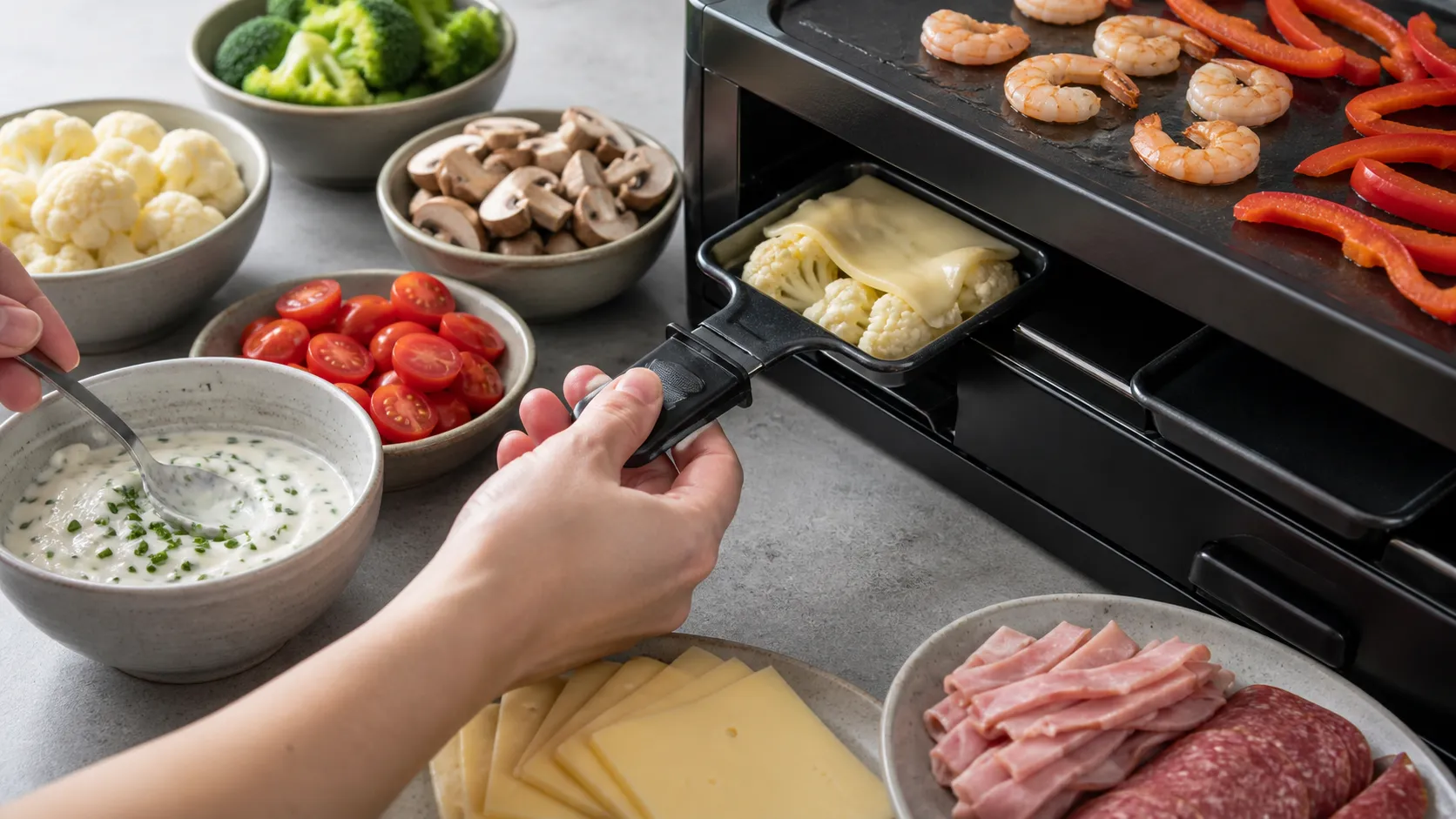 Ein Raclette-Pfännchen mit Blumenkohl und Käse wird unter den Grill geschoben, daneben wird der Kräuterdip angerührt