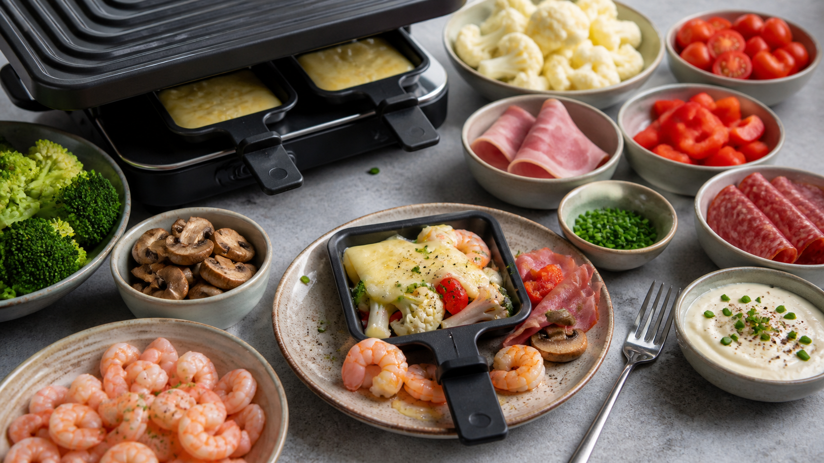 Keto-Raclette-Tisch: Raclettegerät mit Pfännchen voll geschmolzenem Käse, umgeben von Schalen mit Blumenkohl, Pilzen, Paprika und Garnelen