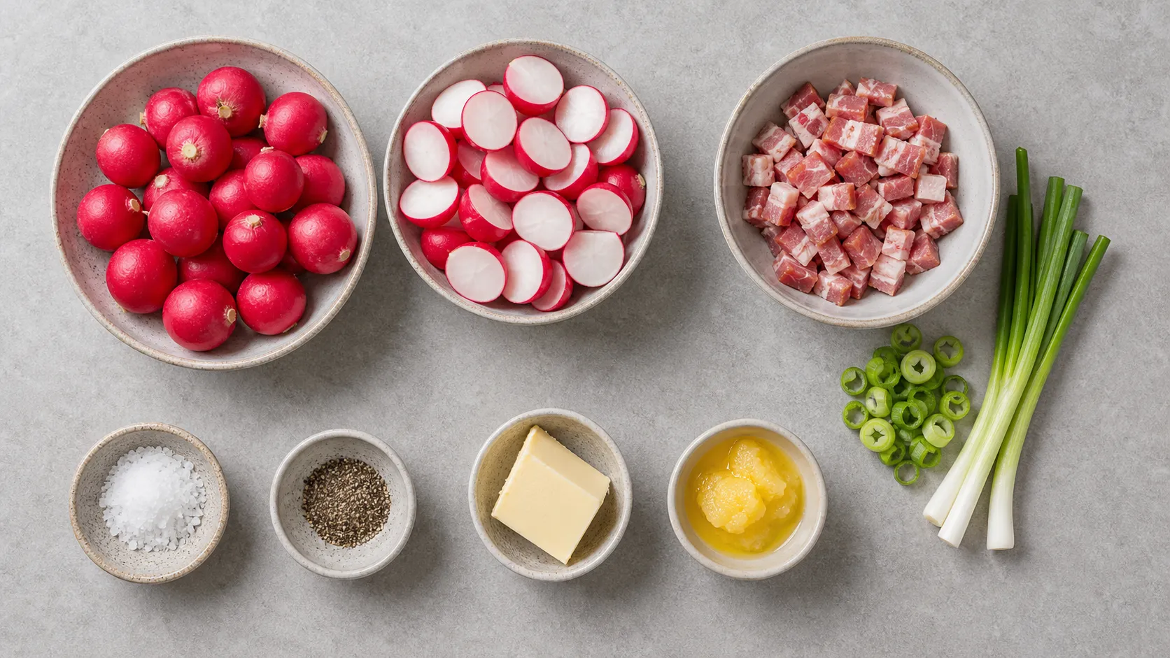 Zutaten für Keto-Radieschen-Bratkartoffeln: Radieschen, Speck, Frühlingszwiebeln, Butter, Butterschmalz, Salz und Pfeffer