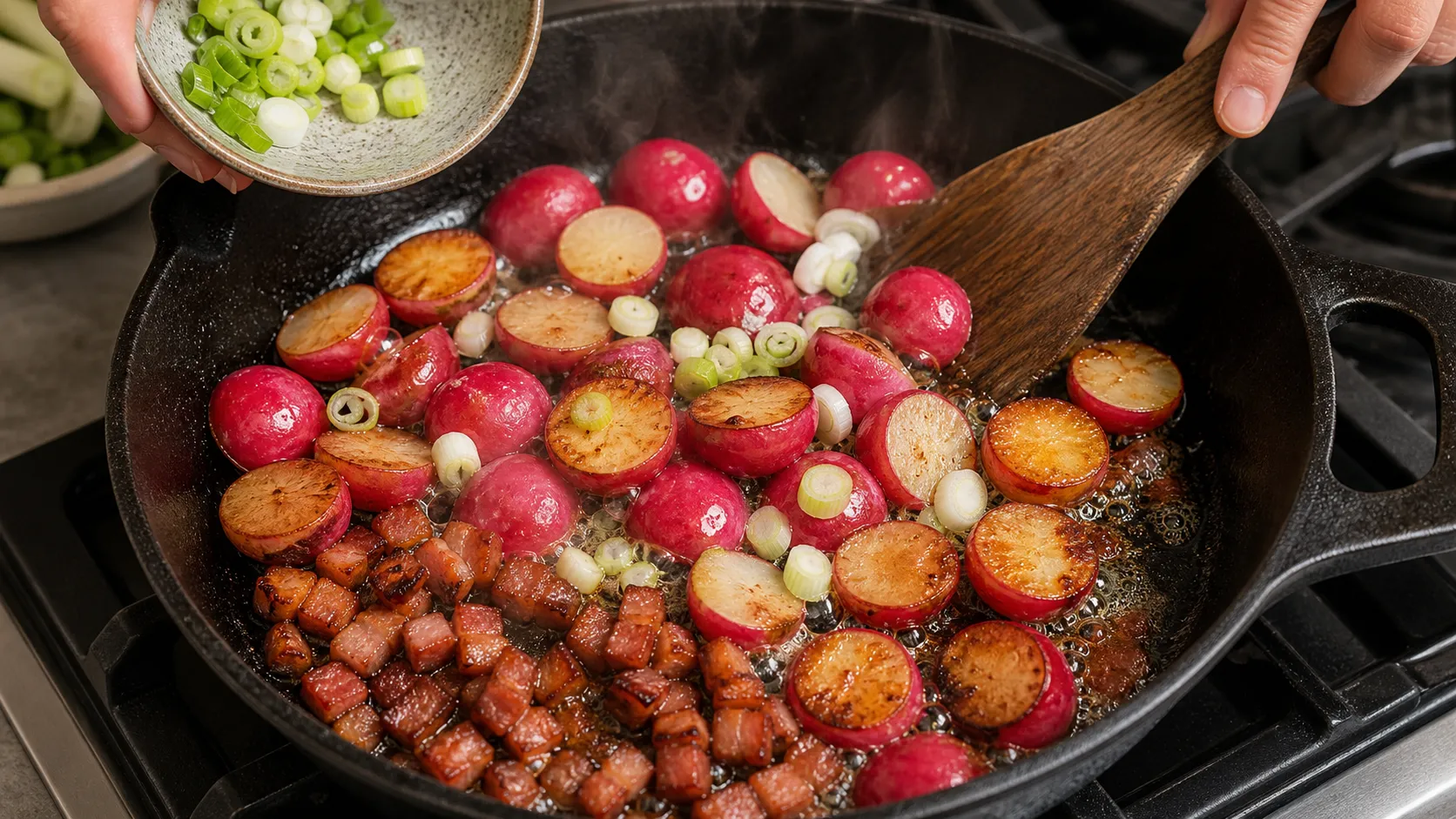 Halbierte Radieschen braten mit Speck und Frühlingszwiebeln in Butter goldbraun in der Pfanne