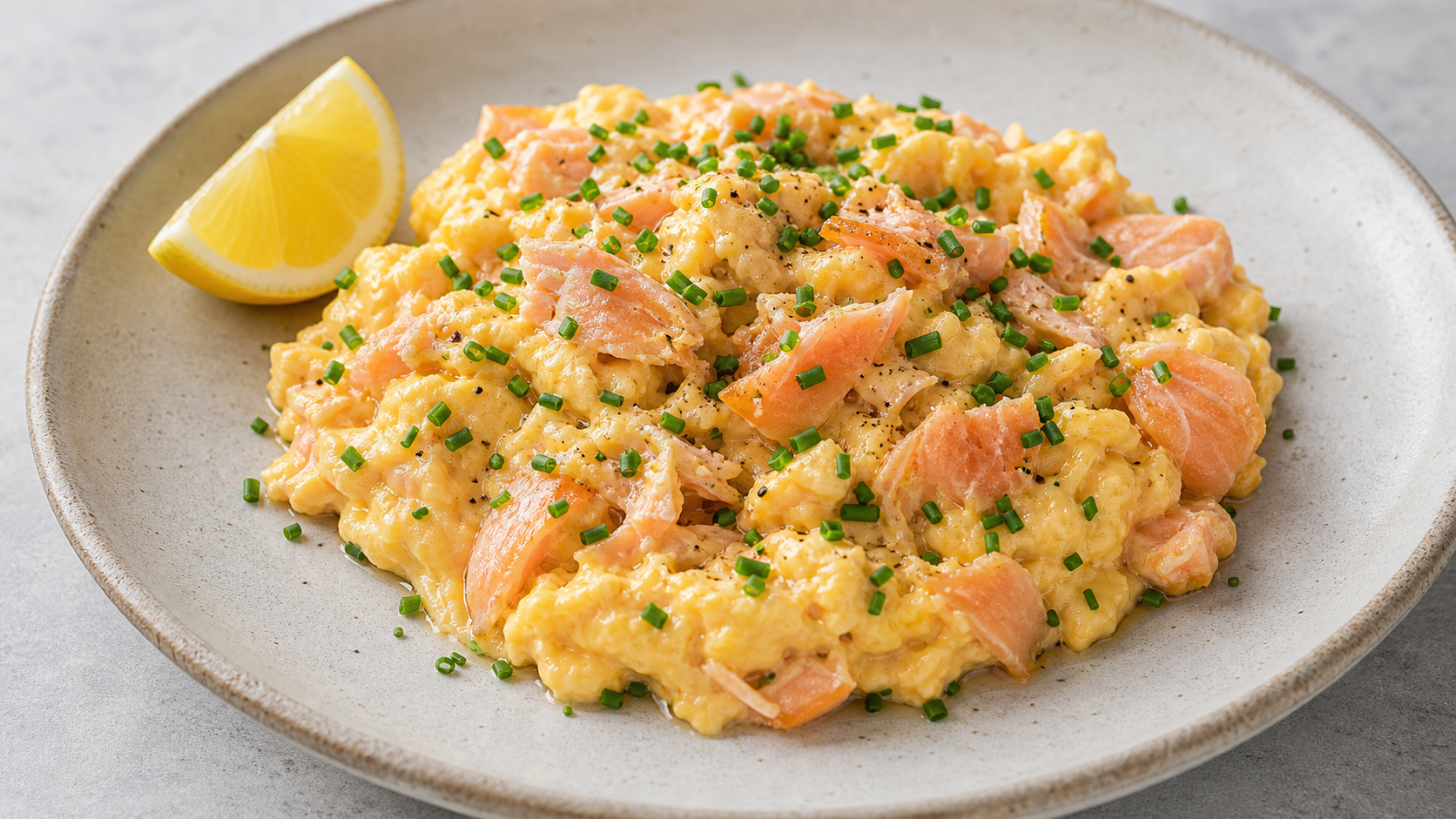 Cremiges Keto-Rührei mit Stücken von Räucherforelle und frischem Schnittlauch auf einem Teller