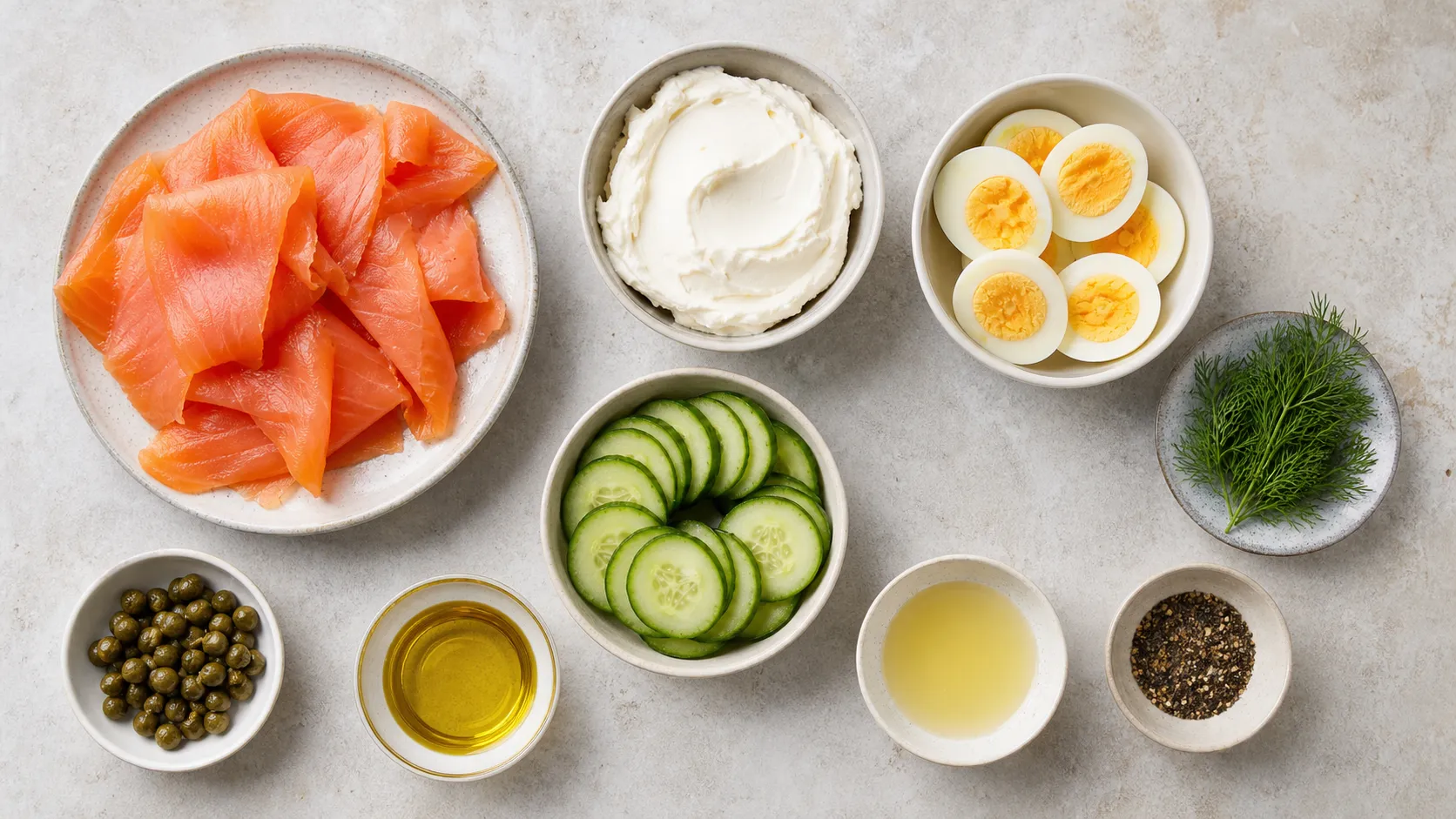 Zutaten für Keto-Räucherlachs-Frischkäse-Teller: Räucherlachs, Frischkäse, Eier, Gurke, Kapern, Olivenöl, Zitrone und Dill