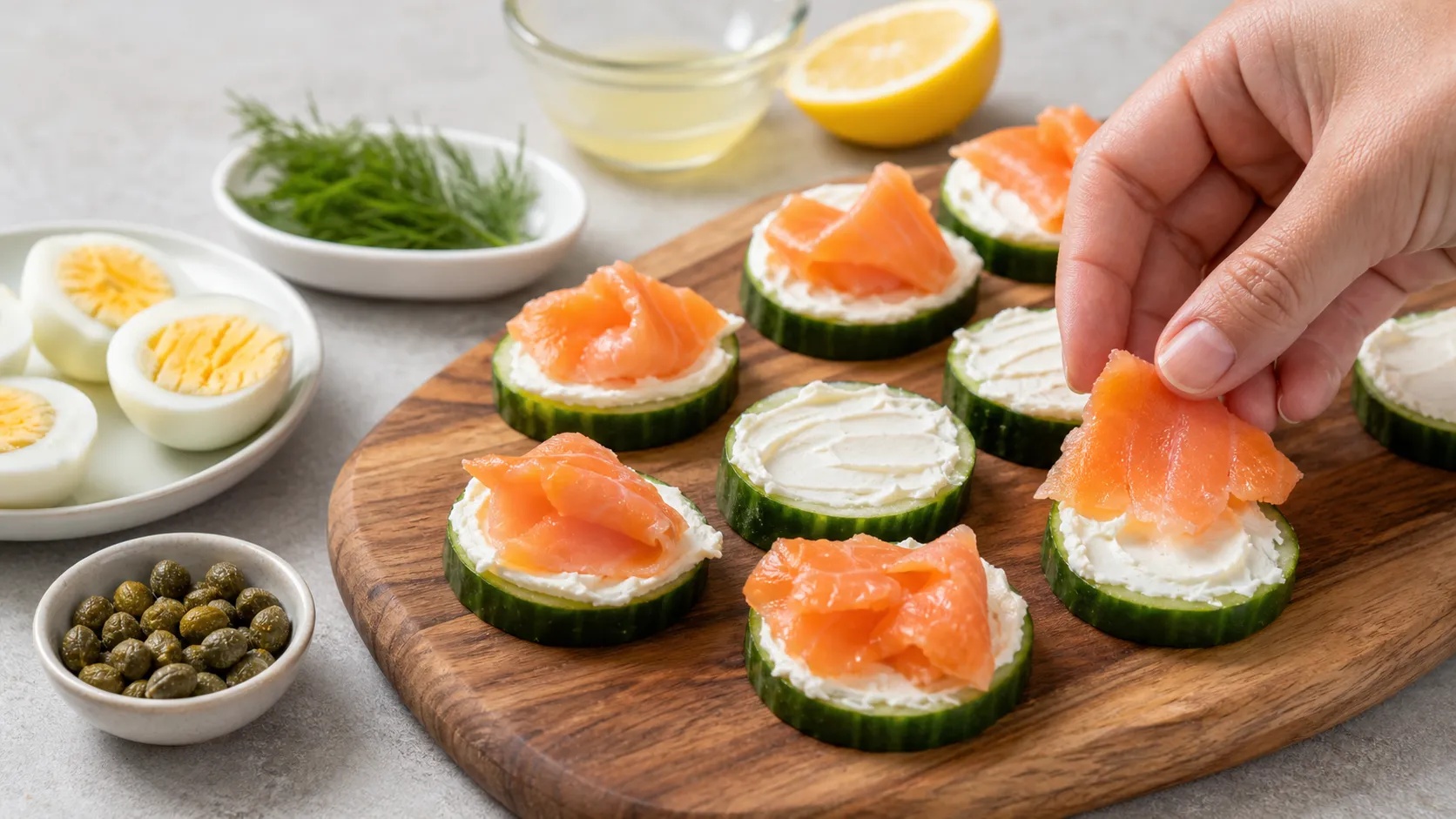 Gurkenscheiben werden mit Frischkäse bestrichen und mit Räucherlachs für einen Keto-Teller belegt