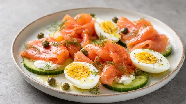 Keto-Räucherlachs-Frischkäse-Teller mit Gurkenscheiben, hartgekochten Eiern, Kapern und Dill
