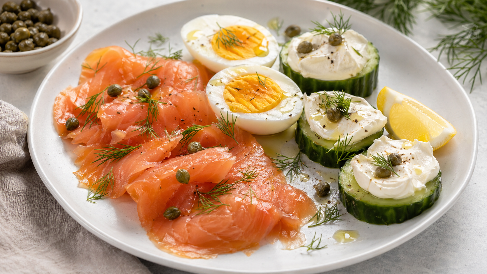 Keto-Räucherlachs-Frischkäse-Teller mit hartgekochten Eiern, Gurkenscheiben, Kapern und frischem Dill