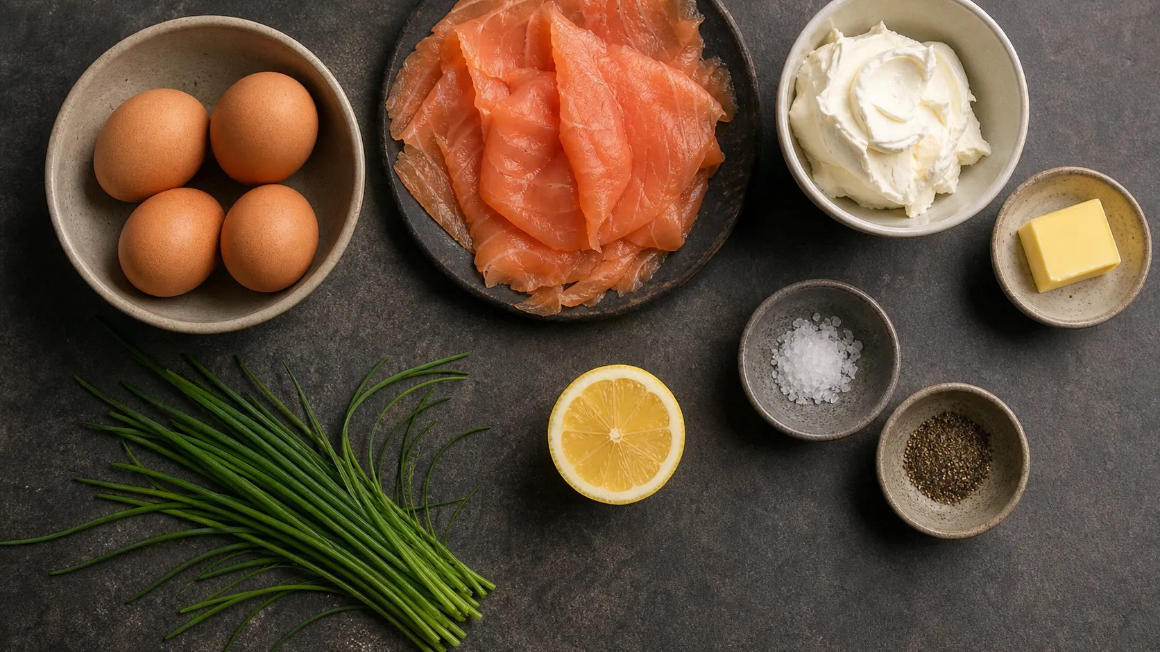 Zutaten für ein Keto-Räucherlachs-Omelett: Eier, Räucherlachs, Frischkäse, Butter und Schnittlauch