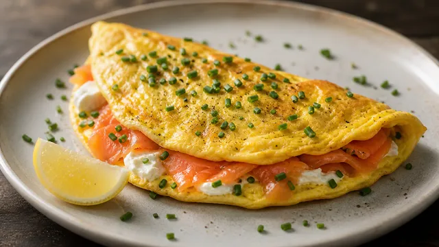Keto-Räucherlachs-Omelett mit Frischkäse und Schnittlauch, gefaltet auf einem Teller