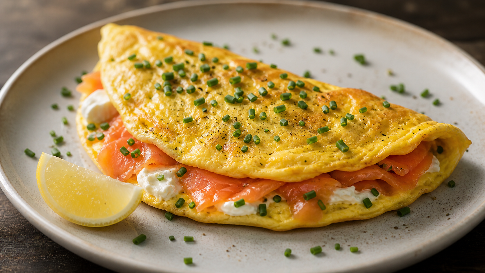 Keto-Räucherlachs-Omelett mit Frischkäse und Schnittlauch, gefaltet auf einem Teller