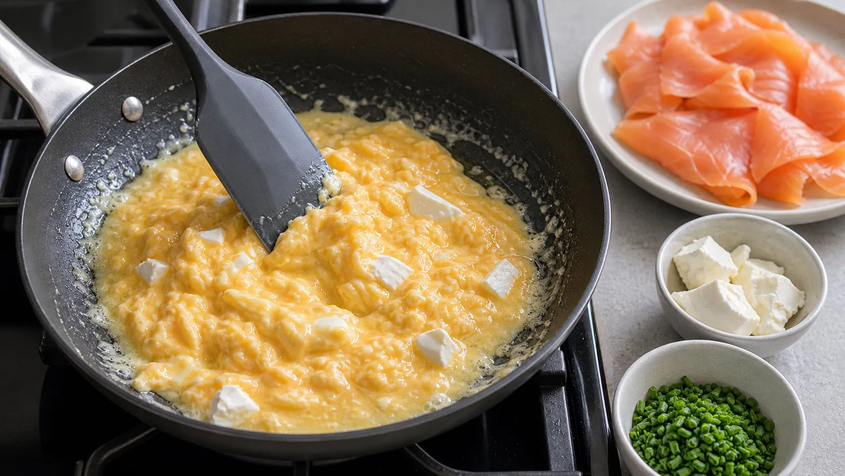 Verquirlte Eier mit Frischkäse stocken langsam in einer beschichteten Pfanne