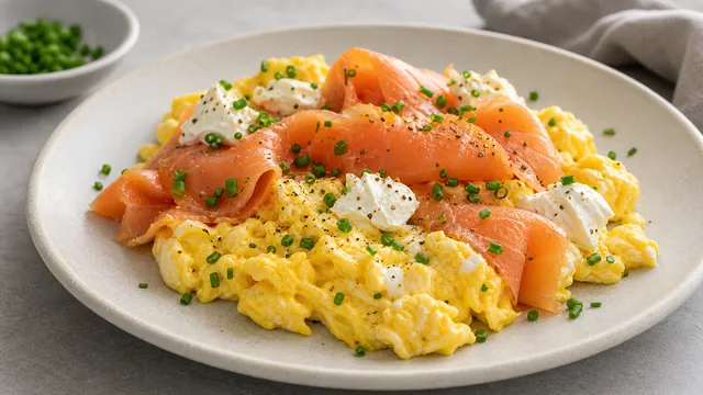 Cremiges Keto-Rührei mit Räucherlachs, Frischkäse und Schnittlauch auf einem Teller