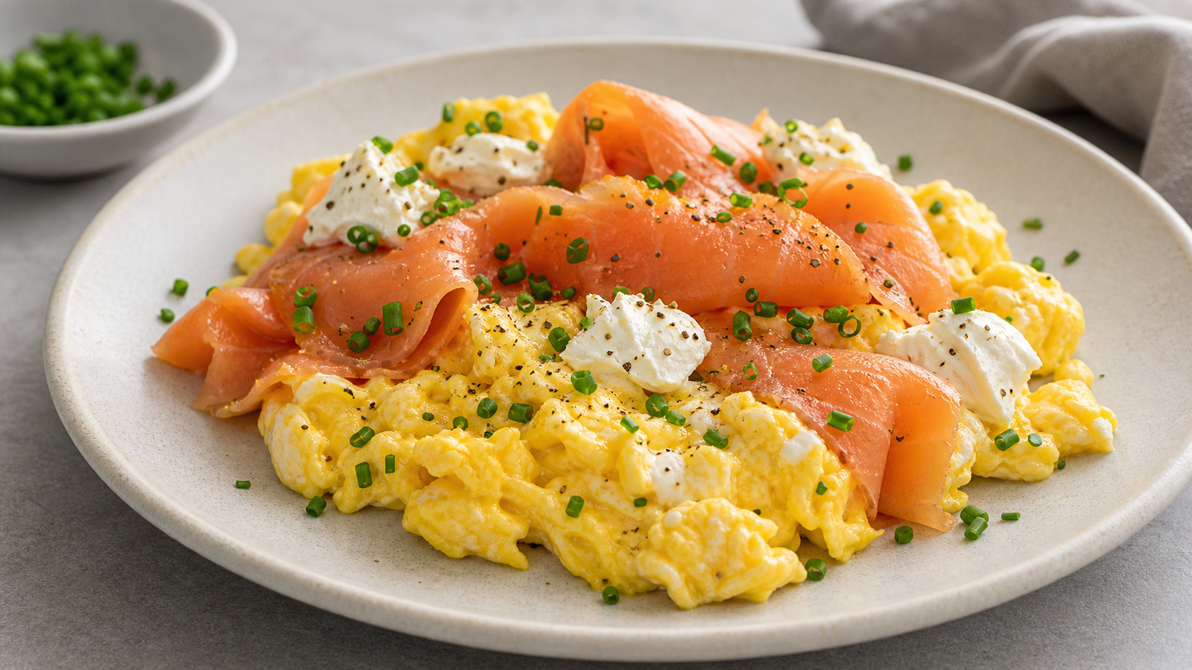 Cremiges Keto-Rührei mit Räucherlachs, Frischkäse und Schnittlauch auf einem Teller