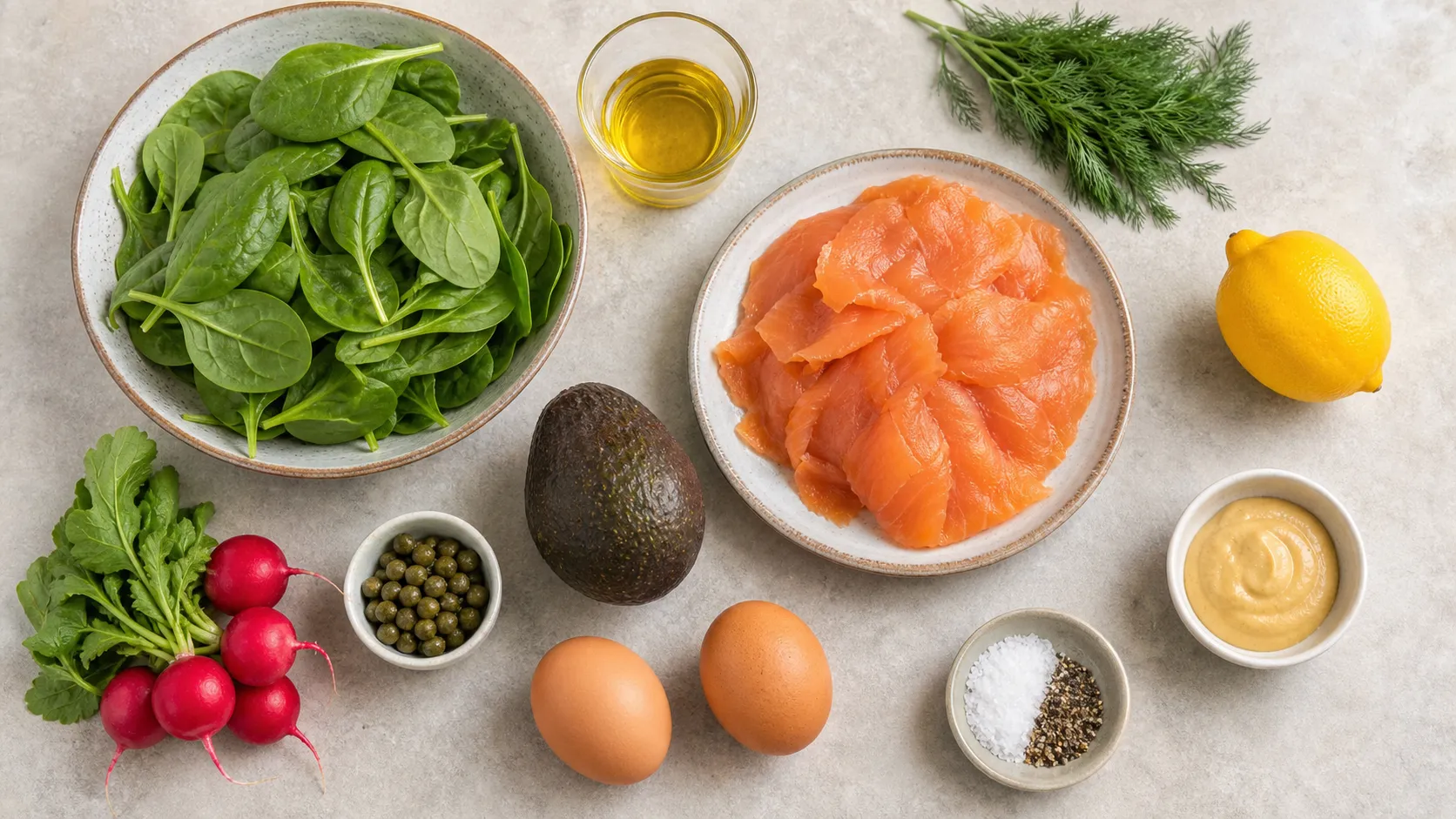Zutaten für den Keto-Salat: Babyspinat, Räucherlachs, Avocado, Eier, Radieschen, Kapern und Olivenöl