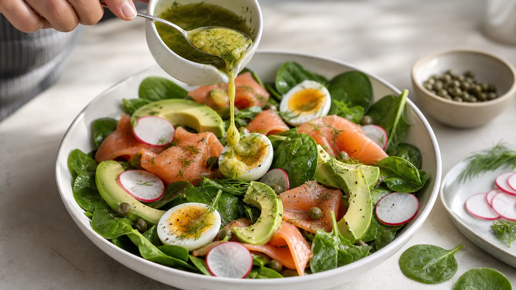 Zitronen-Dill-Dressing wird über den angerichteten Spinatsalat mit Lachs und Avocado geträufelt