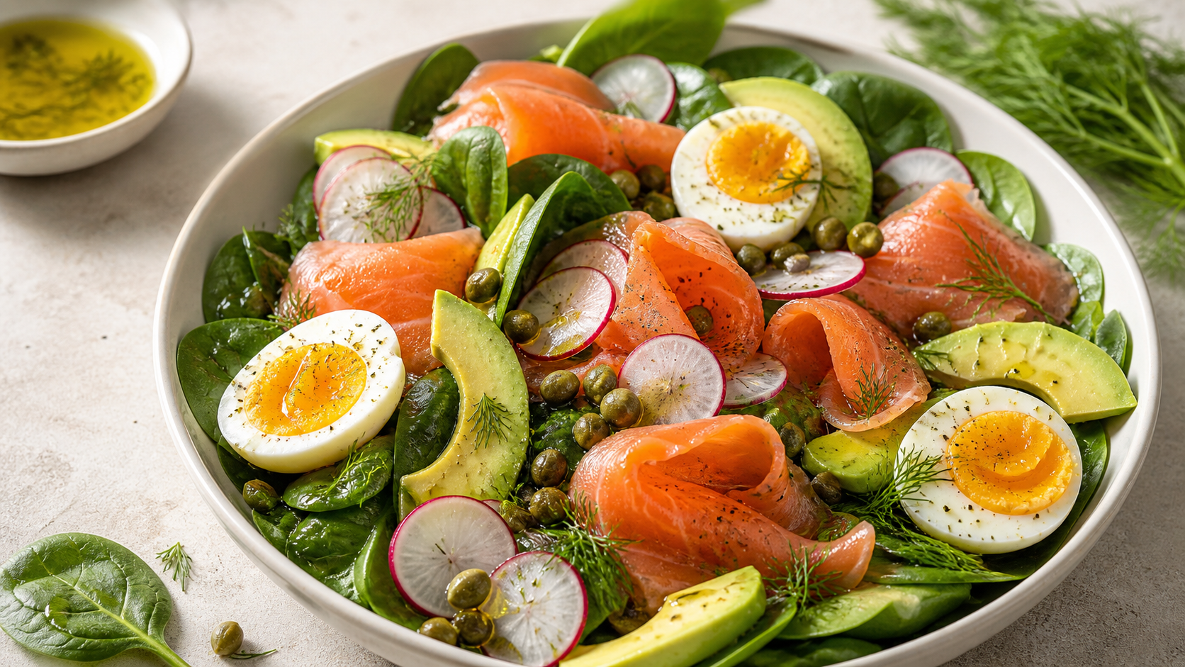 Keto-Salat aus Babyspinat, Räucherlachs, Avocadospalten, halbierten Eiern und Dill-Dressing in einer Schüssel