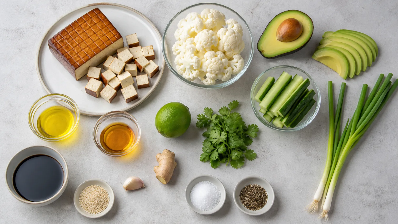 Zutaten für die Keto Tofu-Bowl: Räuchertofu, Blumenkohl, Avocado, Salatgurke, Frühlingszwiebeln, Sesamöl und Sojasauce