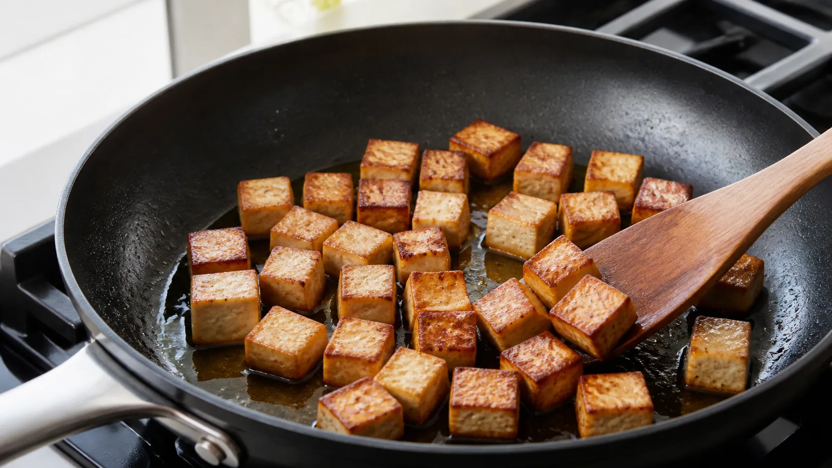 Räuchertofu-Würfel braten in einer Pfanne goldbraun an, daneben körniger Blumenkohlreis