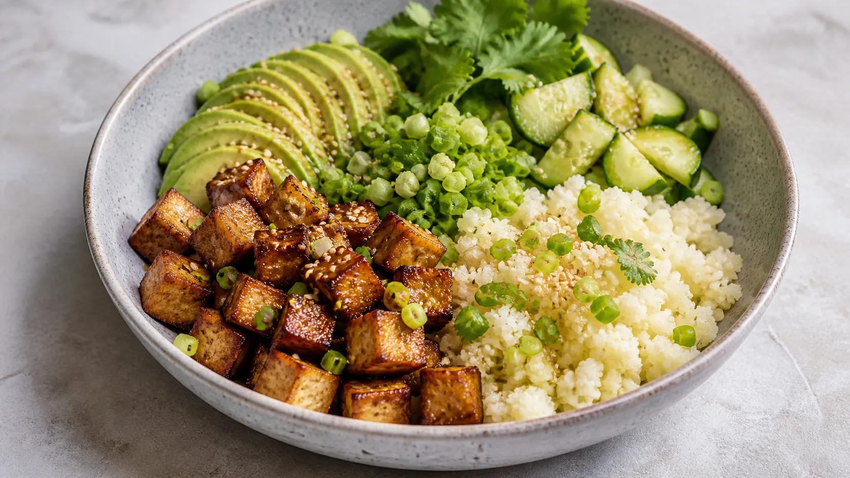 Keto Bowl mit knusprigen Räuchertofu-Würfeln, Blumenkohlreis, Avocadospalten, Gurkenscheiben und Sesam