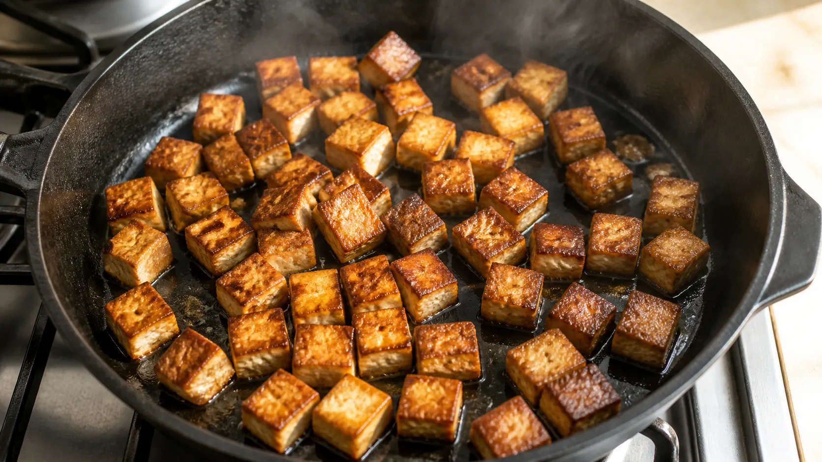 Räuchertofu-Würfel braten in einer heißen Pfanne an, bis sie an den Kanten knusprig werden