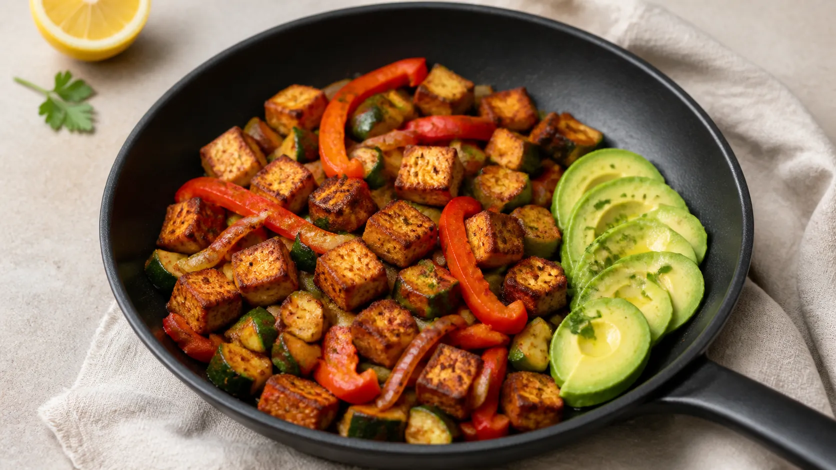 Pfanne mit goldbraun gebratenen Räuchertofu-Würfeln, roter Paprika und Zucchini, daneben Avocadoscheiben und Petersilie