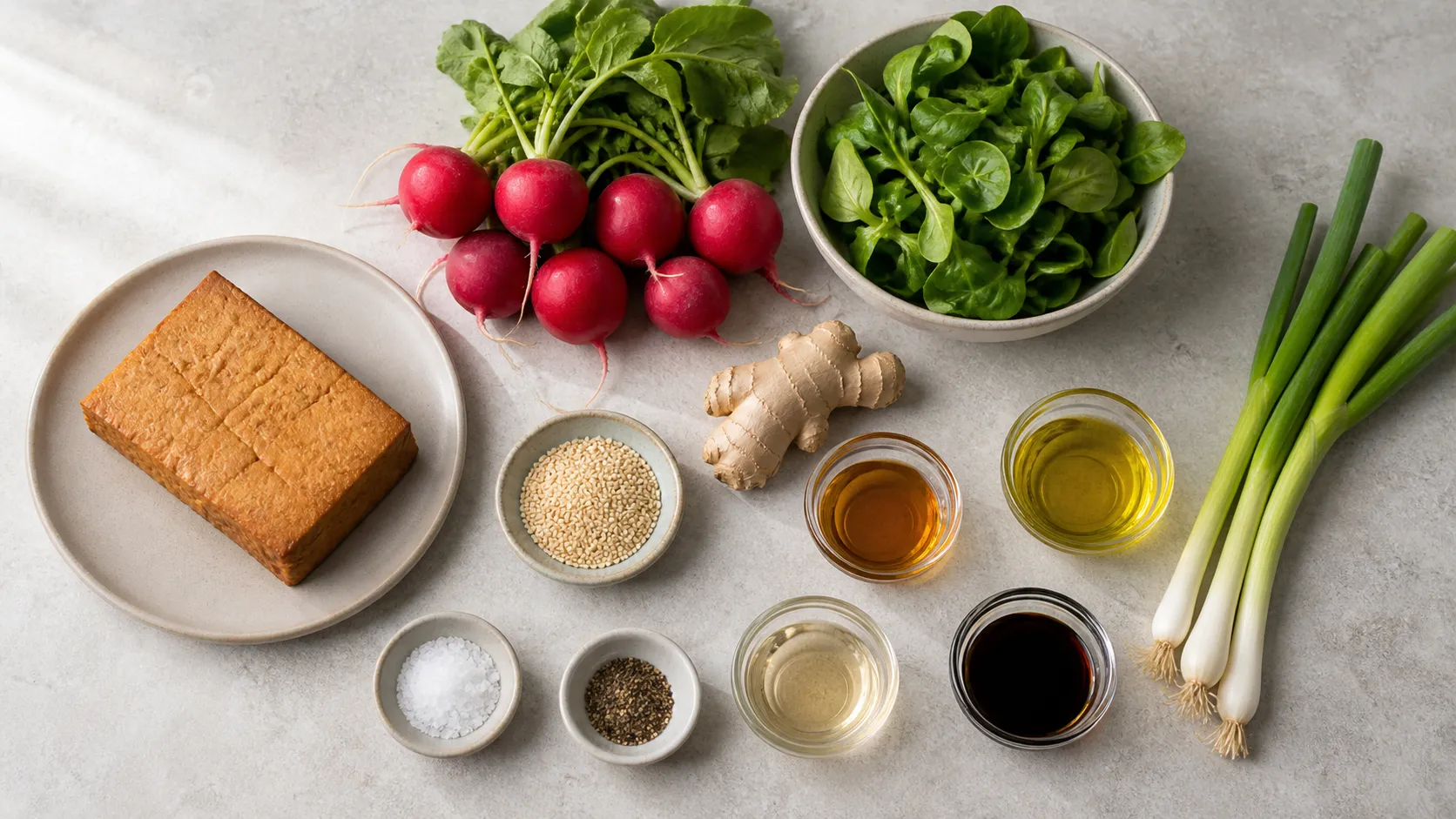 Zutaten für den Salat: Räuchertofu, Radieschen, Feldsalat, Frühlingszwiebeln, Ingwer, Sesam, Sojasauce, Reisessig und Sesamöl