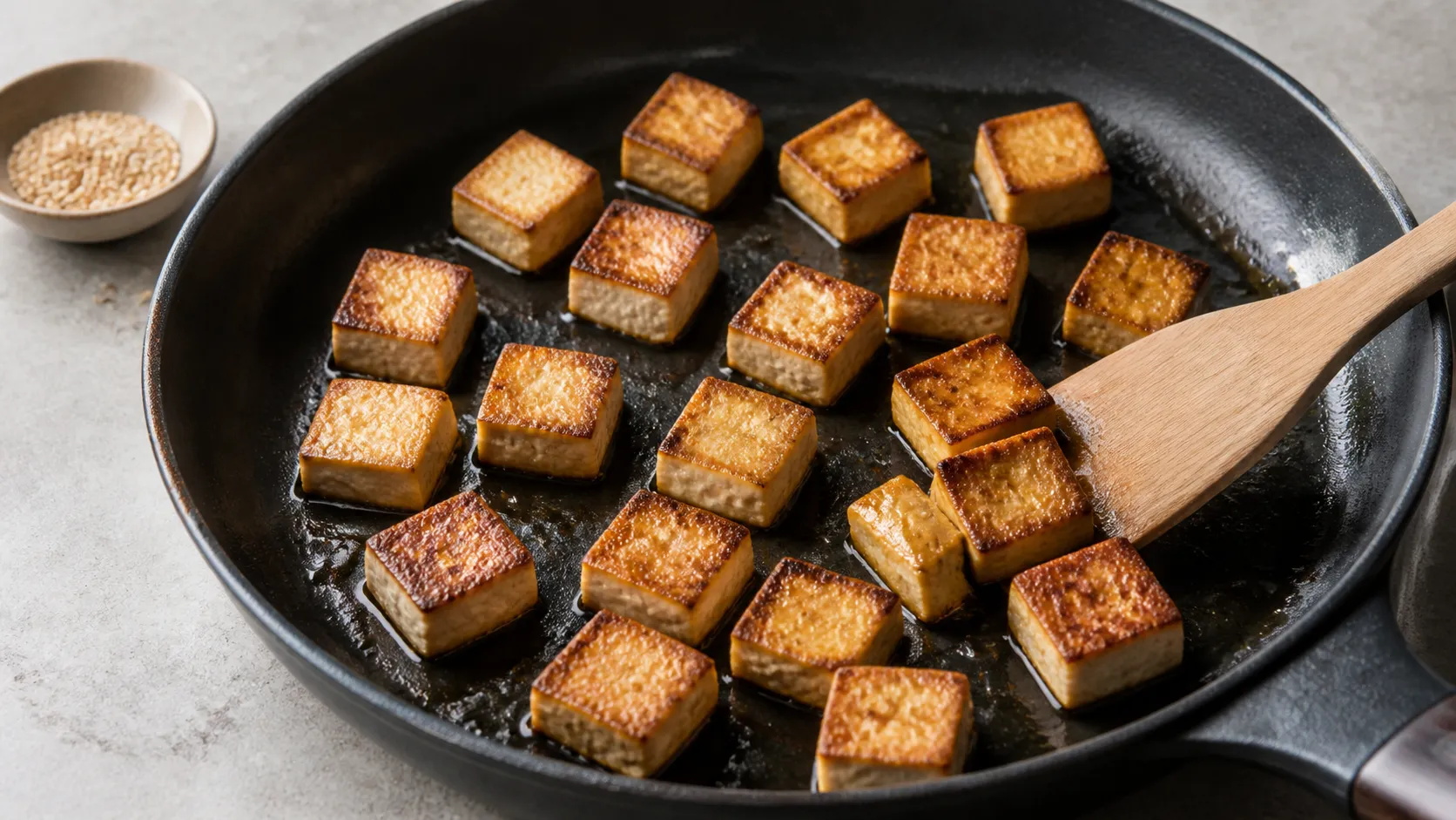 Räuchertofu-Würfel braten in einer schwarzen Pfanne neben geröstetem Sesam goldbraun an
